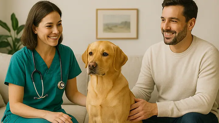Veterinária de roupa verde e um tutor sentados no sofá da sala com um labrador