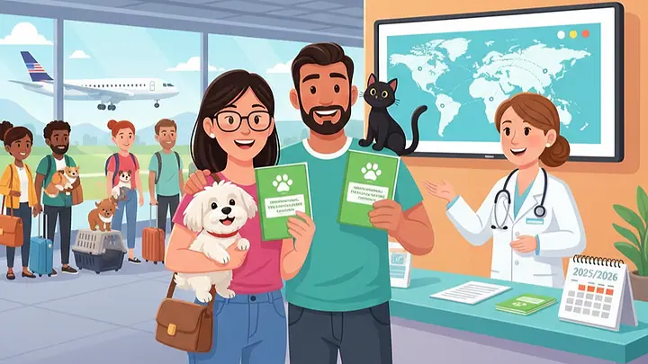Ilustração de um casal com um cão e um gato no aeroporto, segurando as carteiras de vacinação, ao lado de uma veterinária