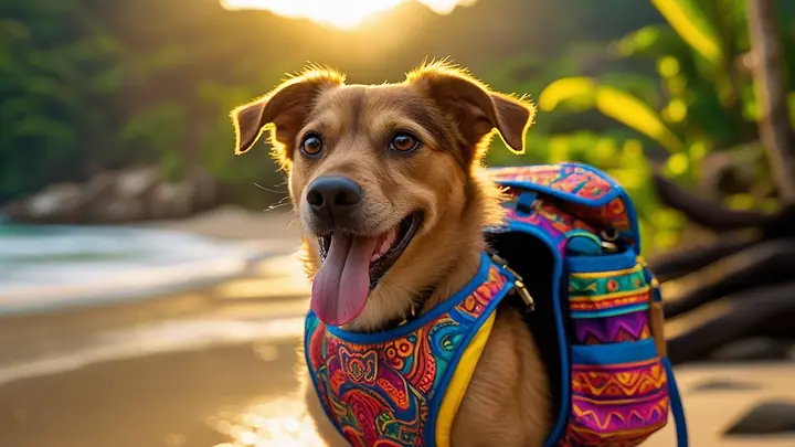 Cachorro de pelo caramelo com uma mochila colorida nas costas, numa praia ao pôr do sol