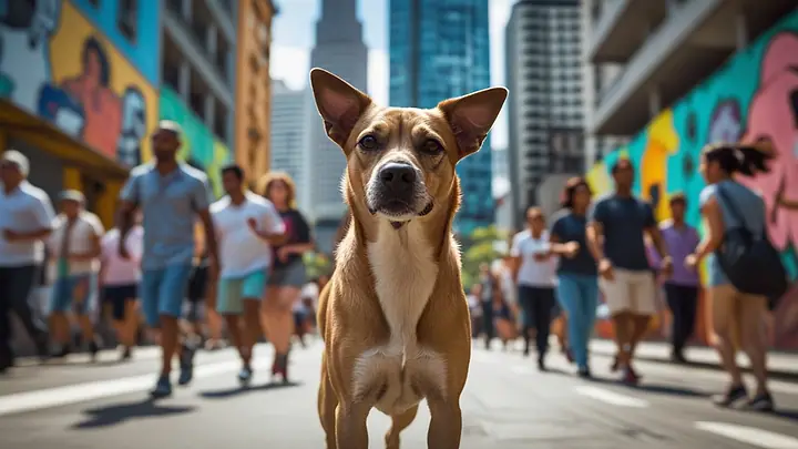 Cachorro de pelo caramelo parado no meio de uma rua movimentada da cidade, com pessoas passando ao fundo