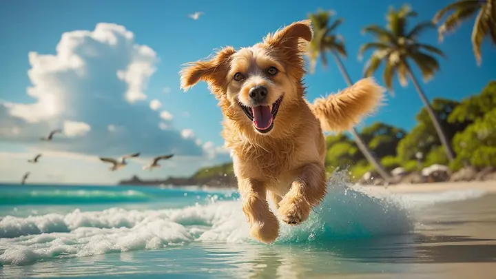 Cão de pelo dourado correndo na beira do mar em um dia de sol