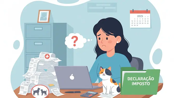 Ilustração de uma tutora em dúvida diante da declaração do Imposto de Renda, com um gato sobre a mesa