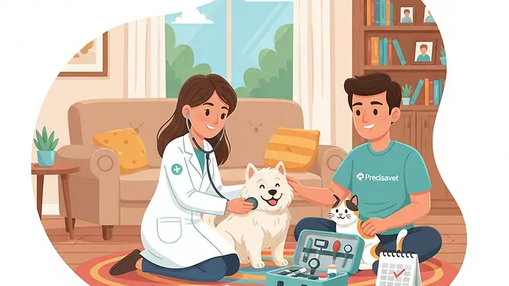 Ilustração de uma veterinária examinando um cachorro com estetoscópio na sala, ao lado do tutor com um gato e da maleta aberta