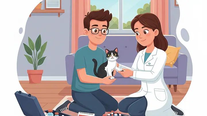 Ilustração de uma veterinária colhendo sangue da pata de um gato no colo do tutor, na sala de casa