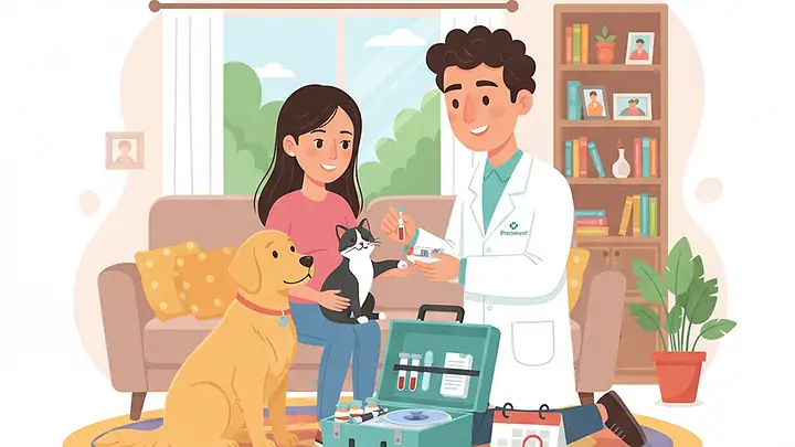 Ilustração de um veterinário com tubos de coleta de sangue na sala, ao lado de uma tutora com um gato no colo e um cachorro