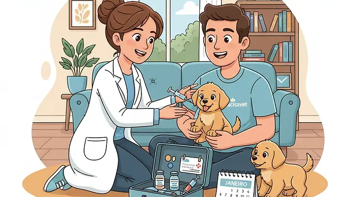 Ilustração de uma veterinária aplicando a primeira vacina em um filhote, no sofá de casa