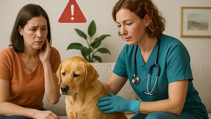Veterinária examinando um cachorro no sofá de casa enquanto a tutora observa, preocupada