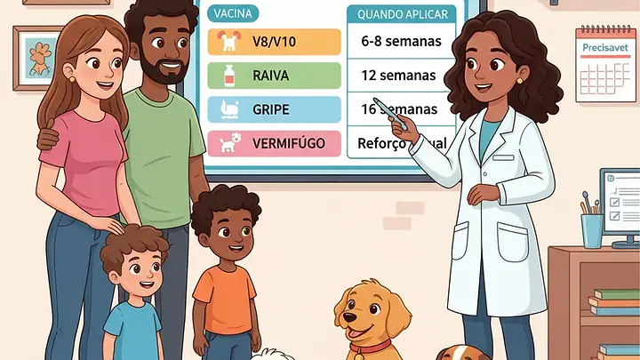 Ilustração de uma veterinária mostrando a tabela de vacinas para cachorros a uma família com três cães