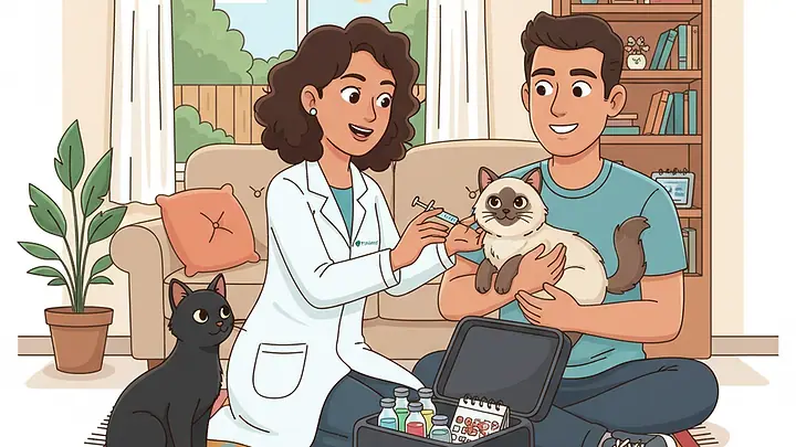 Ilustração de uma veterinária vacinando um gato siamês no colo do tutor, na sala de casa, com um gato preto ao lado da maleta
