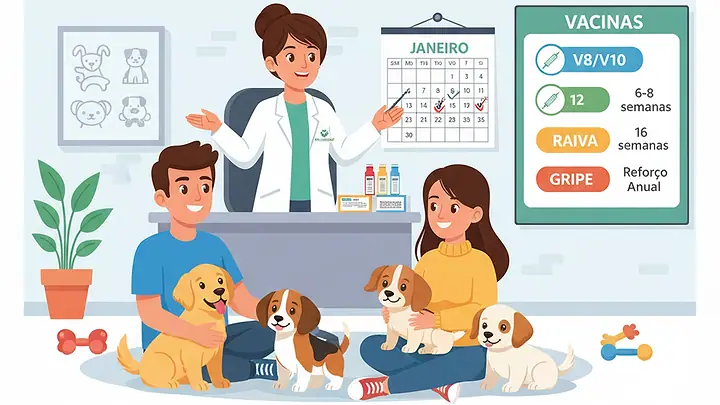 Ilustração de uma veterinária mostrando o calendário de vacinas a tutores com seus filhotes