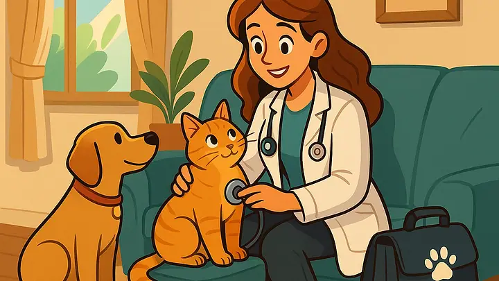 Ilustração de uma veterinária examinando um gato laranja com o estetoscópio, no sofá, ao lado de um cachorro