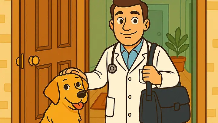 Ilustração de um veterinário na porta de casa, com a maleta no ombro, fazendo carinho em um cachorro