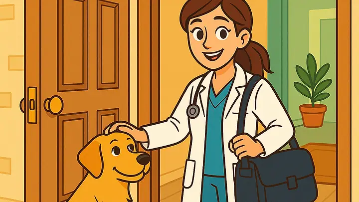 Ilustração de uma veterinária com maleta na porta de casa, fazendo carinho em um cachorro